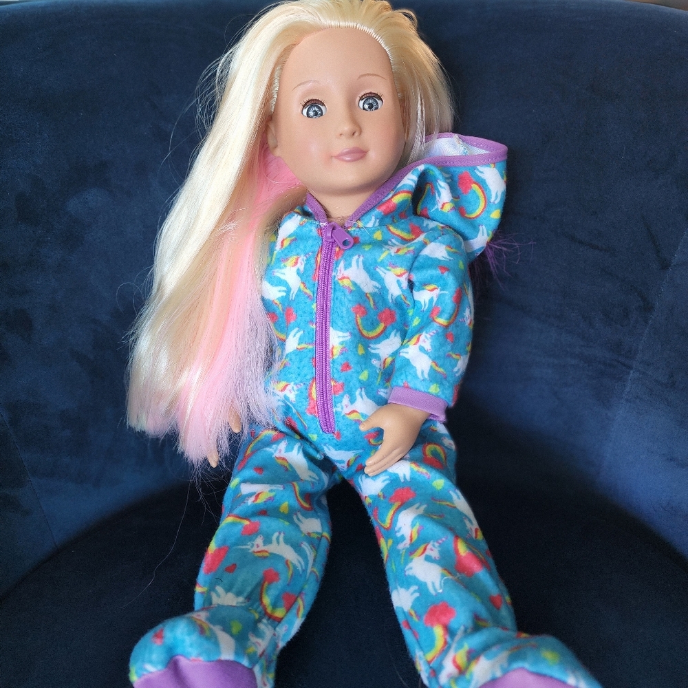 18" Our Generation (American Girl style) doll in unicorn fuzzy footed pajamas
